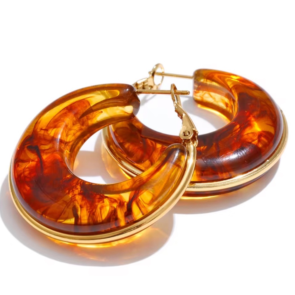 Amber Resin Hoop Earrings – Gold Plated Stainless Steel